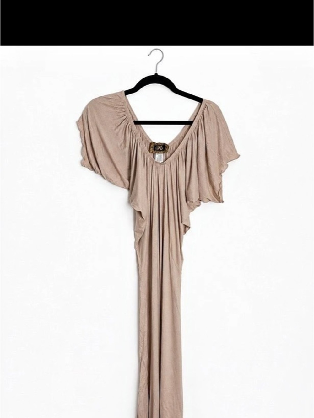 KLS Taupe Draped Flutter Sleeve Jersey Dress Size P Made in USA